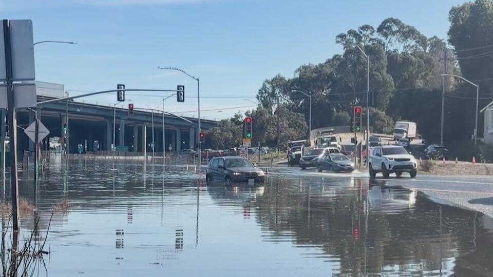Sausalito street flooded by high tides with a person wading through water